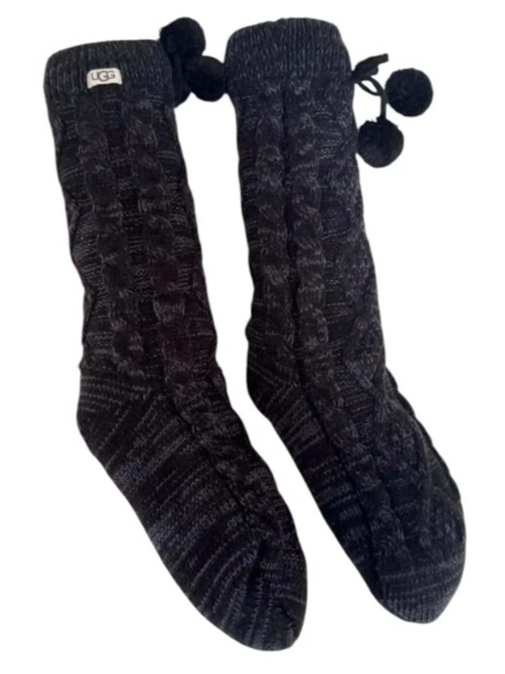 NWOT UGG Charcoal Cable Knit Fleece Lined Pom Pom Cabin Socks OS